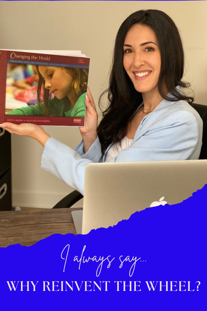 a photo of teacher holding a Lucy Calkins Curriculum resource